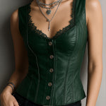Stylish Black Leather Corset Waistcoat With Lace-Trim