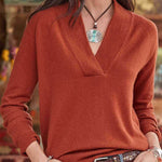 V-neck pullover solid color loose long-sleeved top