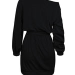 Long Sleeves Loose Elasticity Solid Color Tied Waist One-Shoulder Mini Dresses