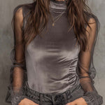 Velvet Mesh Panel High-Neck Top – Graphite Grey