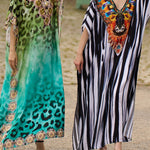 Batwing Sleeves Loose Printed Split-Side Striped V-Neck Beach Cover-Up Maxi Dresses