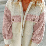 Autumn and winter long-sleeved double-pocket color-block loose fur coat