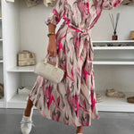 Elegant Ease Satin Printed Tie-Waist Midi Dress
