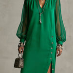 Long Sleeves Puff Sleeves Buttoned Pleated Pockets Solid Color Split-Side V-Neck Midi Dresses