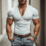 Men's Casual V-neck Button Cotton Blend Slim Fit Short Sleeve T-Shirt