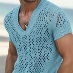 Men's Summer Fashion V-neck Knitted Mesh Breathable T-shirt