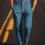 Men's Summer Fashion Casual Classic Western Style Tencel Denim Embroidered Jumpsuit