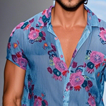 Men's Retro Casual Mesh Printed Floral Lapel Short Sleeve Shirt