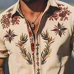 Men's Spring/Summer Fashion Retro Western Style Suede Embroidered Short Sleeve Shirt