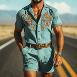 Men's Summer Fashion Casual Retro Western Style Tencel Denim Embroidery Jumpsuit