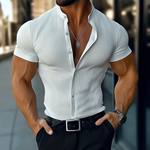 Men's Solid Striped Stand Collar Short Sleeve Shirt