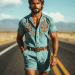 Men's Summer Fashion Casual Retro Western Style Tencel Denim Embroidery Jumpsuit
