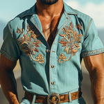 Men's Summer Fashion Casual Retro Western Style Tencel Denim Embroidery Jumpsuit