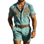 Men's Summer Fashion Casual Retro Western Style Tencel Denim Embroidery Jumpsuit