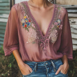 Elegant Gray Purple Floral Embroidery Half Sleeve Chiffon Shirt