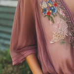 Elegant Gray Purple Floral Embroidery Half Sleeve Chiffon Shirt