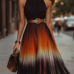 Sunset Pleated Ombre Halter Midi Dress