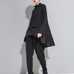 High-Low A-Line Falbala Split-Joint Split-Back High-Neck T-Shirts Tops