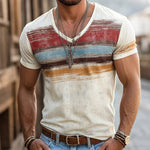 Men's Retro Casual Shabby Striped Printed V-Neck Short Sleeve T-Shirt