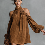 Women's Loose-fitting Faux Suede Halter Neck Semi-high Collar Lantern Sleeve Mini Dress