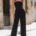 Black Pinstripe Suspender Wide-Leg Jumpsuit