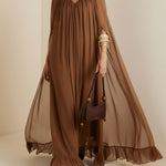 Cape Irregularity Layered Pleated Ruffled See-Through Solid Color Split-Joint High Neck Maxi Dresses