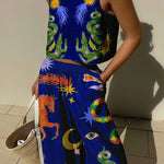 Island Dreaming Linen Blend Unique Print Tank and Elastic Waist Pocketed Pants Set