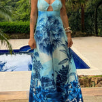 Vacation Blue Suspender Print Dress
