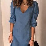 Margovil V Neck Cuff Sleeve Solid Mini Dress