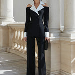 Off-Shoulder Contrast-Collar Tailored Blazer And Straight-Leg Trousers Set