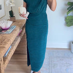Mockneck Short Sleeves Waisted Side Slit Midi Dress