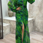 Margovil Off Shoulder Rhinestones Detail Printed Slit Pleated Maxi Dress