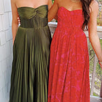 Strapless Twist Front Pleated Swing Maxi Dress