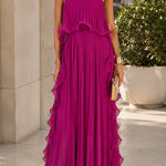 Margovil Elegant Strapless Tube Ruffle Pleated Maxi Dress