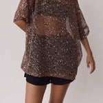 Round Neck Half Sleeves Crochet Hollow Out Sequin Top