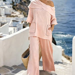 Women'S Casual Solid Color Cotton And Linen Top And Pants Two-Piece Set
