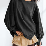 Long Sleeves Loose Fringed Solid Color Split-Joint Split-Side Round-Neck Sweatershirt