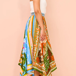 Summer Destination Satin Unique Print Elastic Waist Irregular Hem Maxi Skirt