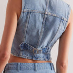 Vintage Distressed Waist-Cinched Sleeveless Denim Vest