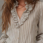 Vintage Stripe Ruffle Button-Down Blouse