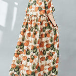 Half Sleeves Loose Pleated Printed Split-Joint Round-Neck Midi Dresses