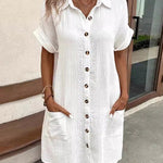 Loose Short Sleeves Pleated Split-Joint Lapel Mini Dresses Shirt Dress