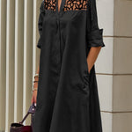 Long Sleeves Loose Gauze See-Through Solid Color Split-Joint Lapel Midi Dresses Shirt Dress