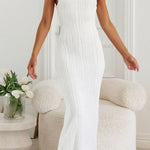 Bodycon Sleeveless Pleated Solid Color Split-Back Split-Joint Zipper Spaghetti-Neck Maxi Dresses