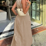 A-Line Loose Pleated Pockets Split-Joint Zipper Round-Neck Maxi Dresses