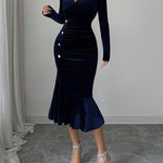 Bodycon High Waisted Buttoned Pleated Solid Color Velvet V-Neck Midi Dresses
