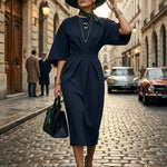 Batwing Sleeves Elasticated Waist Pleated Solid Color Split-Joint Round-Neck Midi Dresses