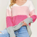 Striped Colorblock V Neck Knitted Fuzzy Sweater