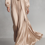 Women's Light Luxury Khaki Acetate Satin Deep V-neck, Waist-cinching, Tie-belt Long Dress