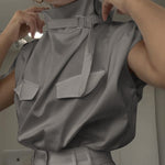 Loose Sleeveless Buckle Solid Color Stand Collar Blouses&Shirts Tops